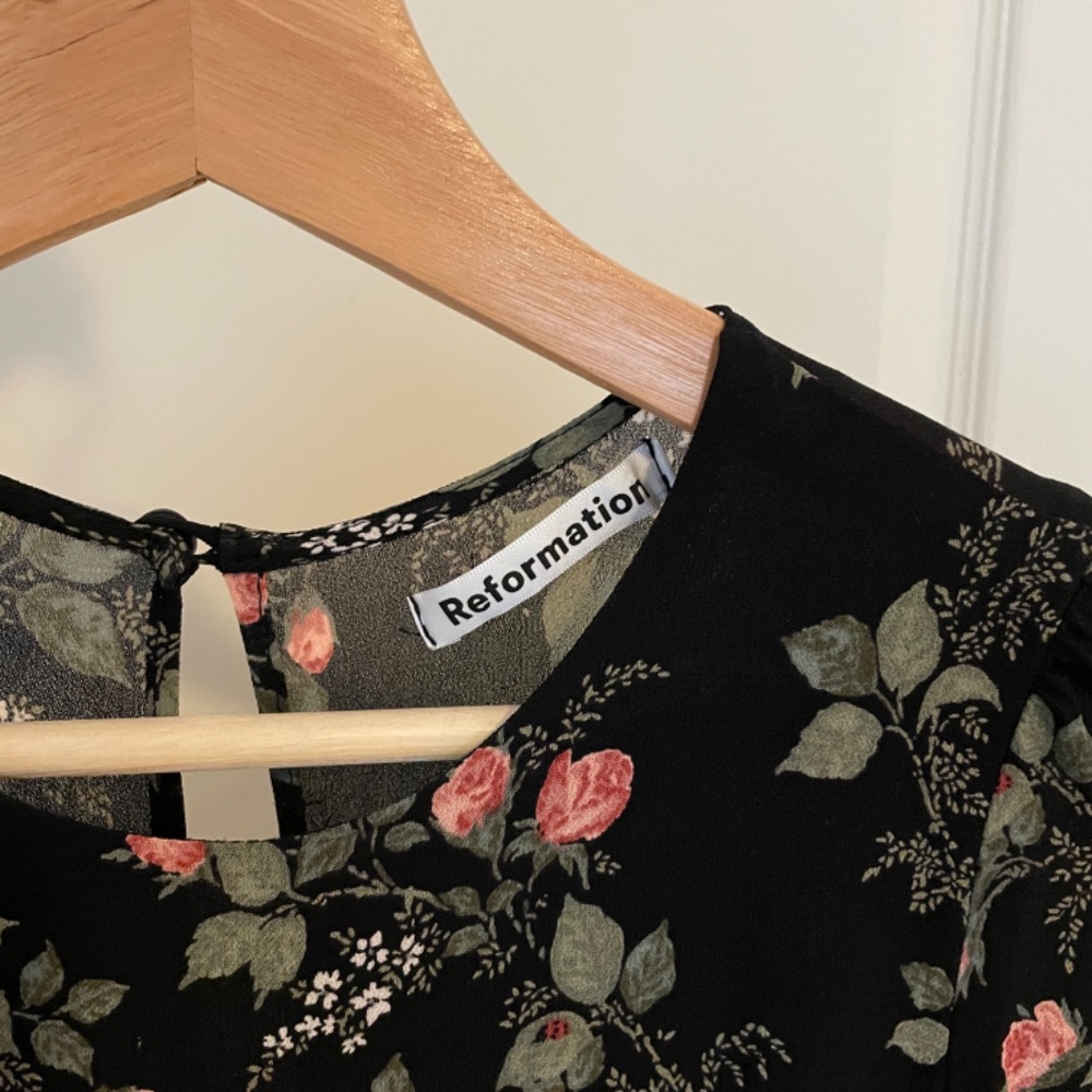 Reformation Gracie Black Floral Mini Dress with Pink & Green Accents - Picture 6 of 7